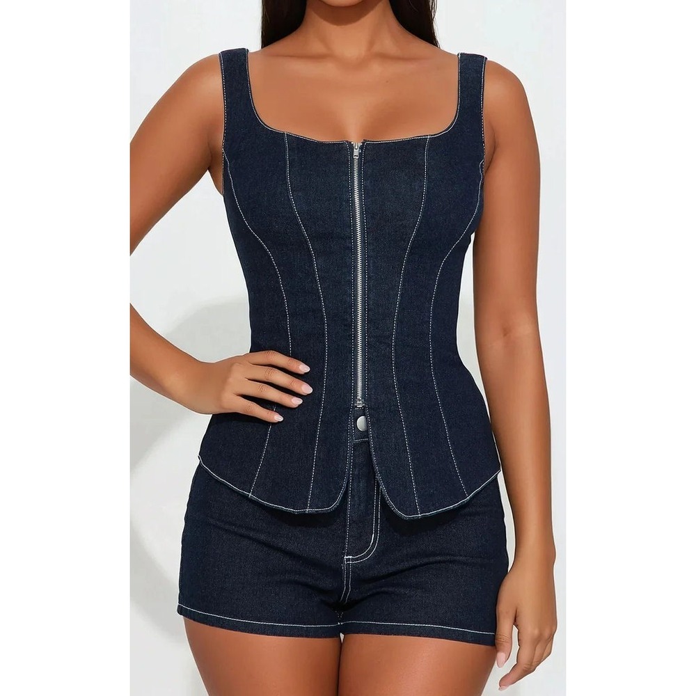 Fashion Nova Ava Denim Tank Top & Mini Short Set w/ Stretch - Dark Wash - Medium